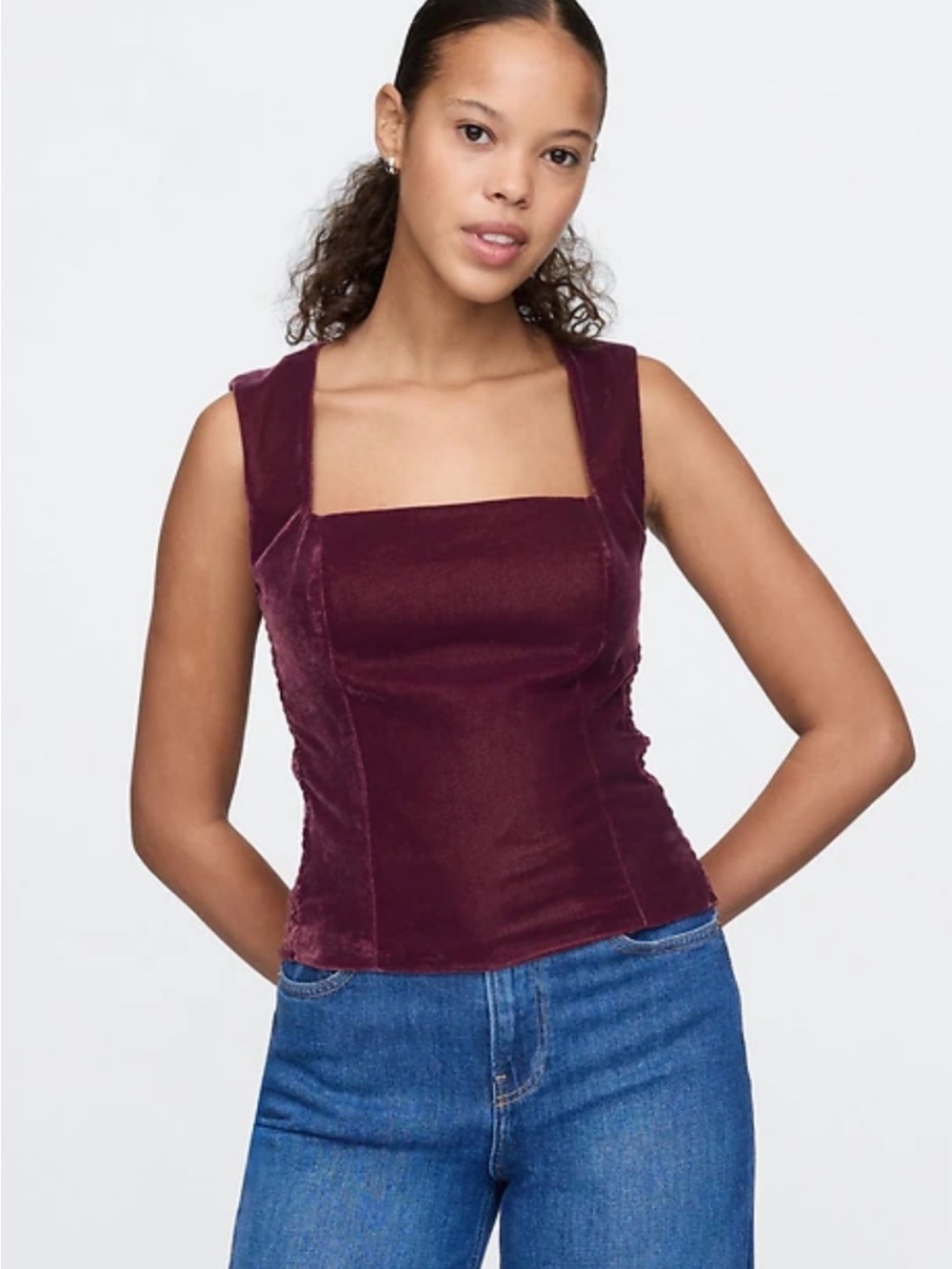 Gap velvet Tank top large Burgundy square neck, smocked sides holiday party NWT